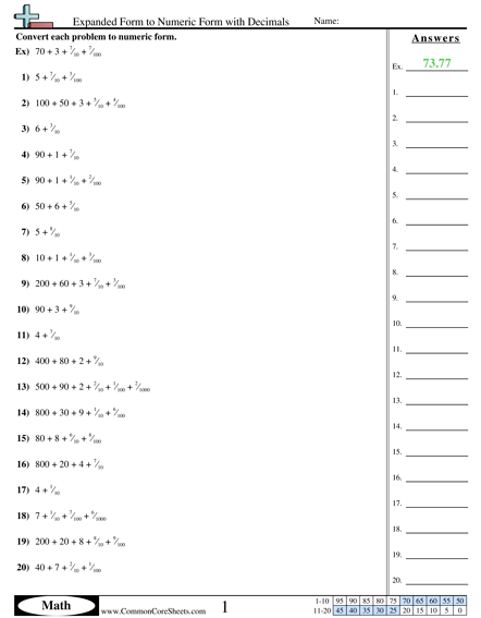 Converting Forms Worksheets - Expanded Form to Numeric Form with Decimals  worksheet